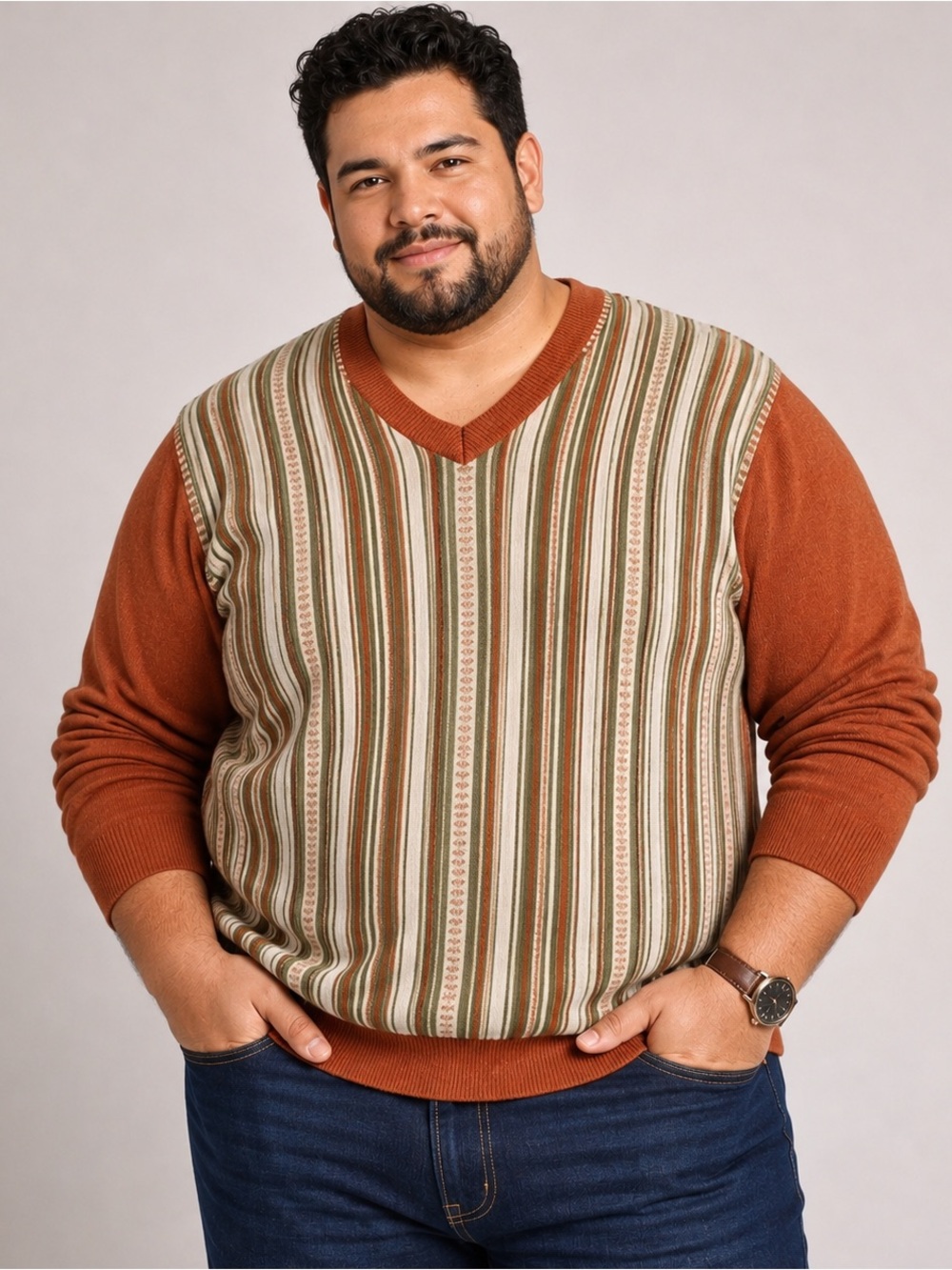 MIKO Men XXL Wool Blend V-Neck Sweater Rust Striped Colorblock Business Casual